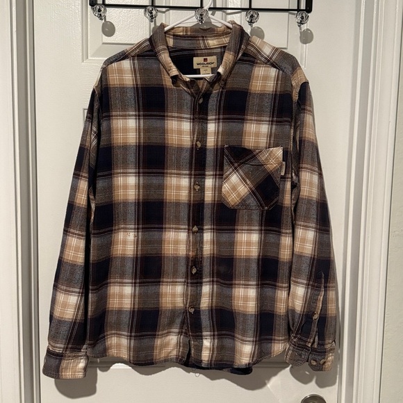 Men’s Woolrich Flannel Button Down Shirt Long Sleeve Size Large Brown Cream EUC - Picture 1 of 8